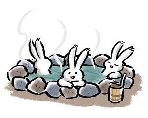 露天風呂でくつろぐ3羽のうさぎのイラスト