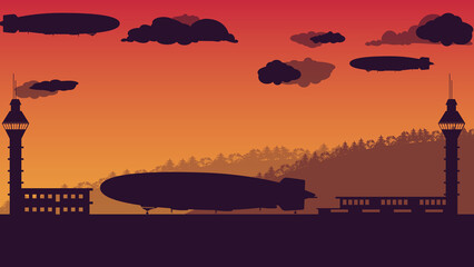 silhouette of balloon airship and air traffic control tower on orange gradient background © moxumbic