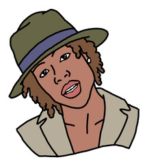 Handsome black man wear stylish hat. Friendly face portrait. Street urban fashion for hipster, model, student, young, adult. Hand drawn retro vintage illustration. Old style comic cartoon drawing.