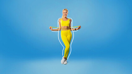 Cheerful young blonde lady in sportswear measuring waist with tape, feeling happy about losing...
