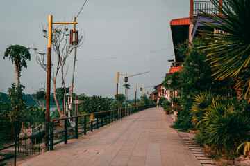 Chiang Khan Loei Thailand  Landscape Wooden House Riverside with sunset on evening time at Chaing Khan old town Loei Thailand