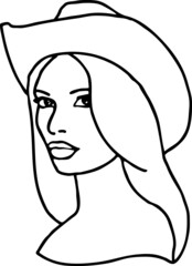 Beautiful sexy lady wear sun hat. Attractive woman dress had clothes for happy holiday. Cartoon character face portrait. Hand drawn retro vintage boho vector illustration. Simple colorful line drawing