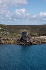 castle on Tresco island Isles of Scilly cornwall uk. Looking towards Tresco from Bryher 