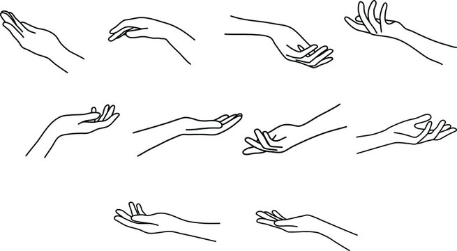 palm and hand line art set; reach out, hold out, element icon set