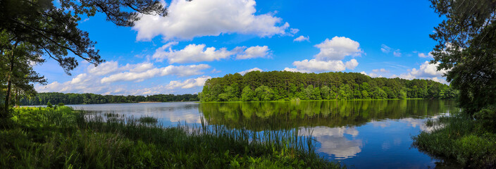 a gorgeous summer landscape at Lake Acworth with rippling blue lake water surrounded by lush green trees with blue sky and clouds reflecting off the water at South Shore Park in Acworth Georgia USA
