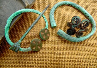 fibula syulgama with enamels of the Kyiv culture of the 3rd-4th centuries, early Slavs, Antes, close-up