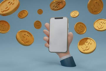 Hand of business holding smartphone with blank display and surrounded by golden coin ,cryptocurrency transfer, payment via a smartphone,Mobile phone bank,wallet,isolated background.3d Rendering.