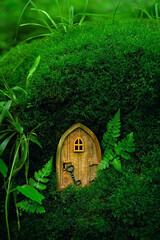 Little magic wooden fairy door and plants leaves on mossy natural green background. fairytale pixie...
