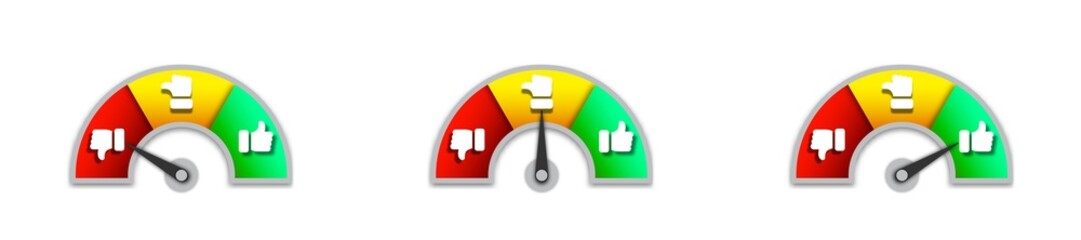Fototapeta premium Set of colorful measuring speedometers with like and dislike icons. Infographic gauge elements. Flat vector illustration.