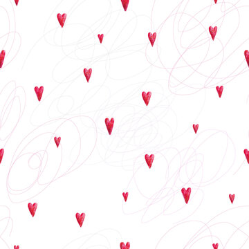Red watercolour hearts on a white background. Seamless pattern for design. Watercolor lovely drawing. Handwork pictures.