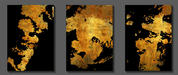 Gold vintage art vector on black background. Set. Grunge luxury cover design. Gold vector texture. Hand drawn abstract illustration with paint brush strokes and splashes for cover, card, brochure.