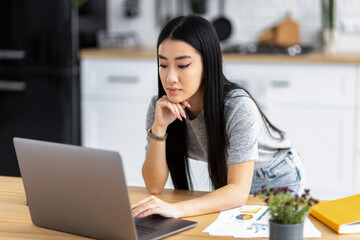 Busy woman using laptop computer working at home