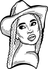Beautiful sexy black African lady wear sun hat. Attractive woman dress had clothes for happy holiday. Cartoon character face portrait. Hand drawn vintage vector illustration. Old style comic drawing.