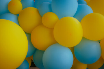 Yellow and blue air balloons background. Colors of Ukrainian national flag. Stand with Ukraine!...