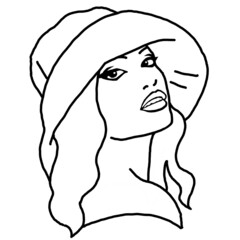 Beautiful sexy Asian lady wear sun hat. Attractive woman dress had clothes for happy holiday. Cartoon character face portrait. Hand drawn retro vintage boho illustration. Simple line drawing.