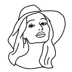 Beautiful sexy lady wear sun hat. Attractive woman dress had clothes for happy holiday. Cartoon character face portrait. Hand drawn retro vintage boho illustration. Simple colorful line drawing.