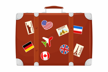 Retro Brown Leather suitcase With Travel Stickers, Metal Corners and Belts, Isolated on White Background. Icon Close Up. Vacation and Travel Concept. Vintage bag. Front view. Vector flat design