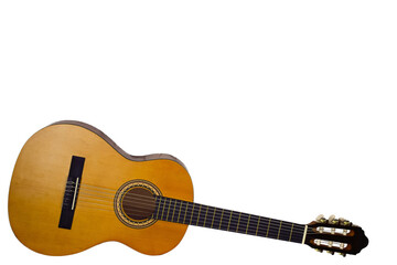 Musical instrument - Front view classic acoustic guitar isolated on a white background.