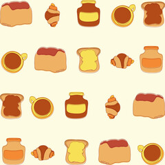 Breakfast vector pattern. Bread, croissant, coffee, chocolate spread. Cafe menu design.