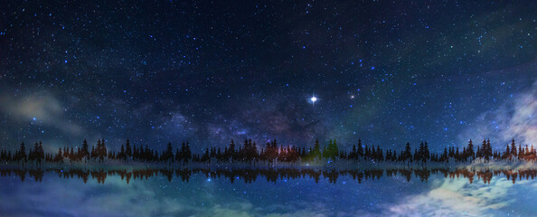 Milky way and stars.Panorama blue night sky milky way and star on dark background.Universe filled...
