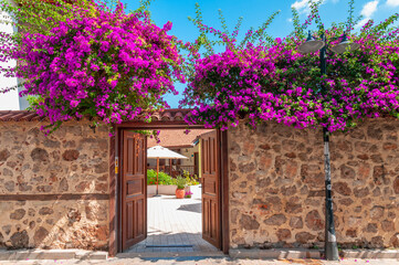 A Garden Gate Covered With Pink Flowers.