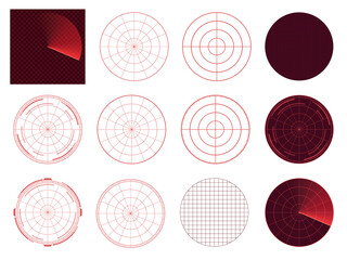 危険なレーダー画面のイラスト素材セット_赤_シルエット