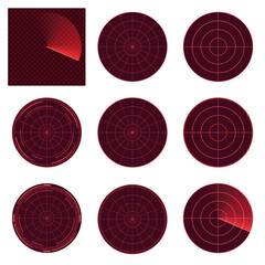 危険なレーダー画面のイラスト素材セット_赤_背景あり