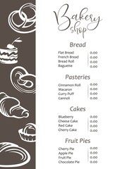 Vector sticker banner poster business card pricelist for bakery shop fresh and tasty premium quality. Price list for shop	