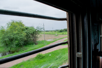 View through train window.