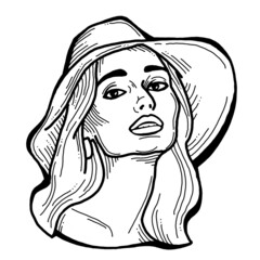 Beautiful sexy lady wear sun hat. Attractive woman dress had clothes for happy holiday. Cartoon character face portrait. Hand drawn retro vintage boho illustration. Simple colorful line drawing.