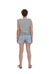 rear view full length portrait of a woman in summer clothes on white background