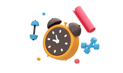 Pink Mat with Alarm Clock Dumbbell and Barbell. 3d rendering
