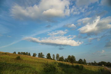 Landscape field and sky. Rural nature in summer.