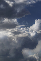 Clouds on the blue sky in sunlight. Great view from the plane.