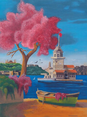 Original Oil Painting The Blossom Tree and the Sea