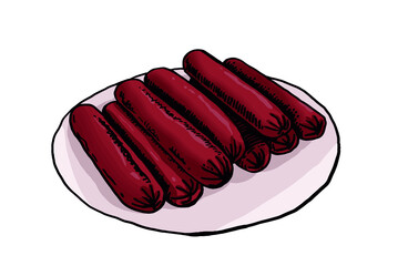 Vector hand-drawn color sausages on the plate isolated on white, fast food . Graphical food illustration