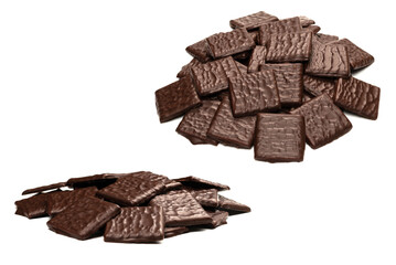 Dark chocolate candies isolated on white background.