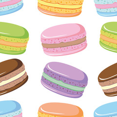 Seamless pattern of cute french macaroon with different filling. Traditional macaron dessert. Little French cakes. Sweet cookies food illustration. Hand drawn cartoon flat vector illustration.