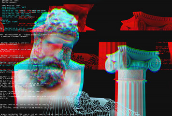 3d portrait of a Hercules with glitch effect. Cyberpunk style. Conceptual image of artificial intelligence.Virtual reality. Deep Learning and Face recognition systems. 