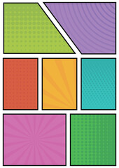 Comic background size A4. Colorful comic panels layout with rays, dots, lines. Comic strip frame.