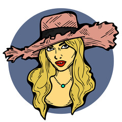 Beautiful sexy lady wear sun hat. Attractive woman dress had clothes for happy holiday. Cartoon character face portrait. Hand drawn retro vintage boho illustration. Simple colorful line drawing.