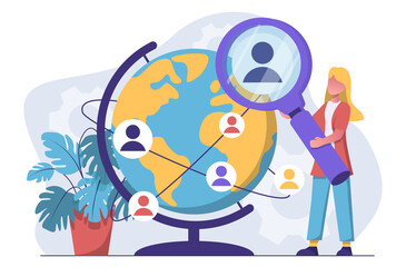 Social network. Woman with a magnifying glass looking for users and friends on the globe
