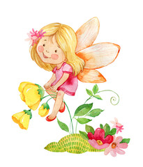 Watercolor cute woodland fairy illustration. Summer kids party decor. Forest magic fairytale clipart isolated on white background. Cartoon fairy character. Greeting, card, postcard, banner, poster