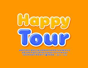 Obraz premium Vector colorful Emblem Happy Tour. Glossy Blue Font. Bright set of Alphabet Letters and Numbers