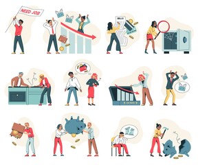 Fototapeta premium Bankrupt characters. Business people in financial crisis, falling schedules and revenue, persons losing money, bank problems, economic recession, poor family in debt, tidy vector set