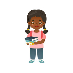 Cute schoolgirl standing and holding books. Cartoon african american girl carry books.