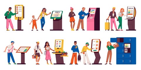 Ordering kiosks. People use public payment touchscreens, modern digital automatic services, tickets and food electronic orders and purchases, self-service atm, tidy vector cartoon flat set - obrazy, fototapety, plakaty
