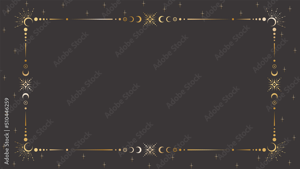 Wall mural vector mystic celestial golden frame with stars, moon phases, crescents, beams and a copy space. orn - Wall murals