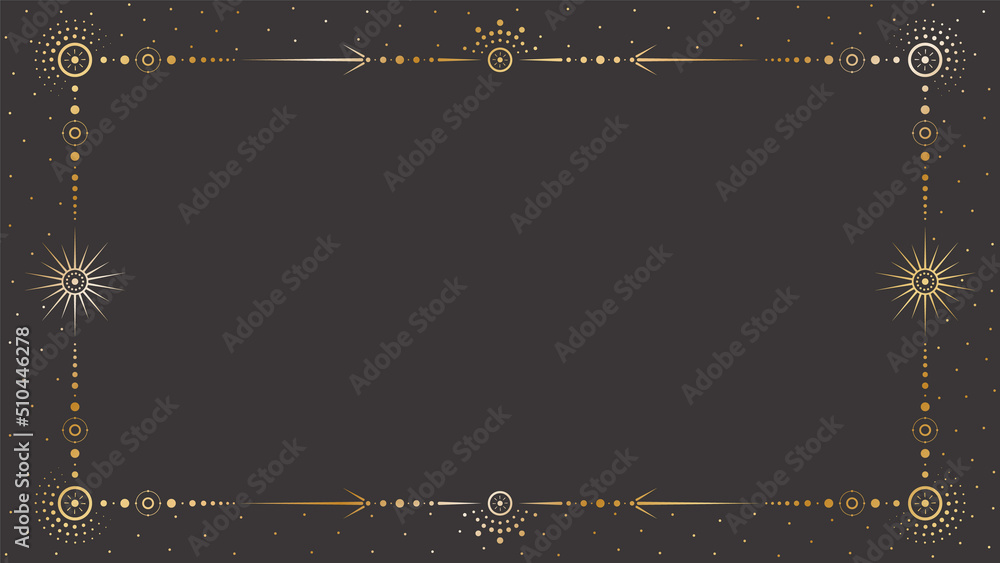 Wall mural vector mystic celestial golden frame with different stars, dots, beams and a copy space. ornate magi
