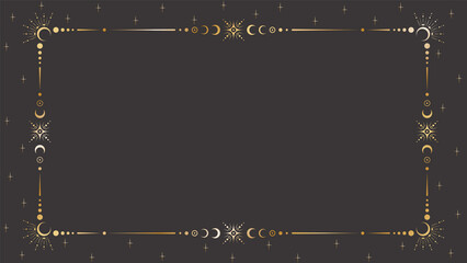 Vector mystic celestial golden frame with stars, moon phases, crescents, beams and a copy space. Ornate magical background with shiny corners. Banner with an elegant border and a place for text